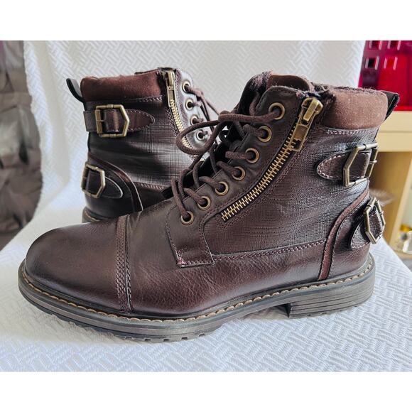 Bruno Marc Philly-10 Brown Combat Lace-Up Boots Size 6.5 EUC Side Zip Buckle - Picture 1 of 12